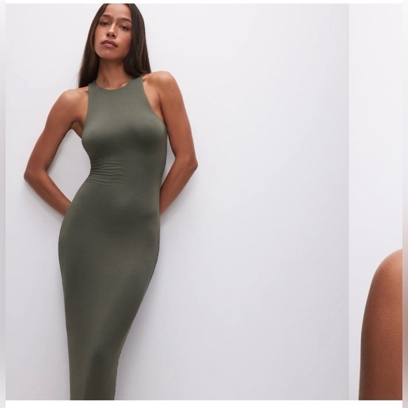 Good American Micro Rib Stretch Tank Midi Green Sage Sleeveless Bodycon Dress - Picture 1 of 13